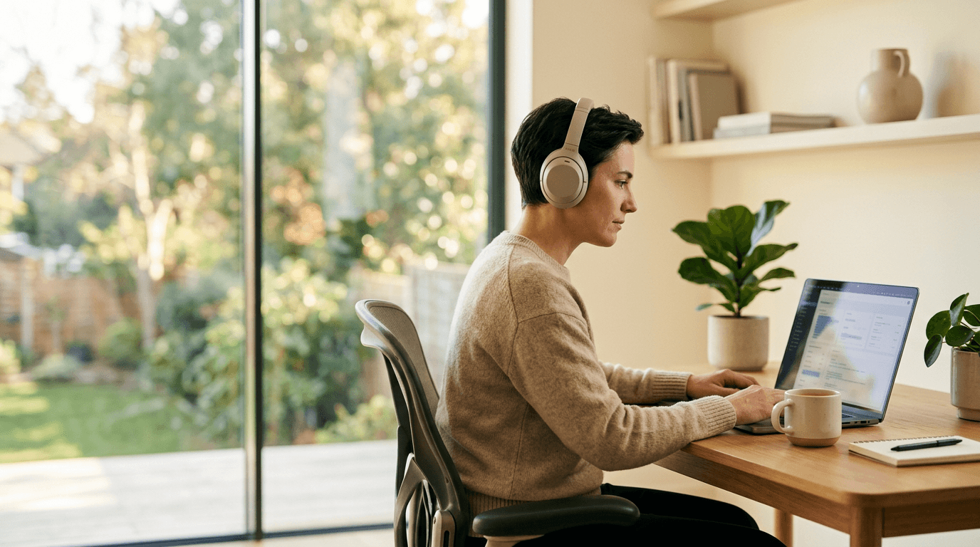 Person rehearsing a difficult conversation at a desk with headphones and a laptop in a bright, calm office